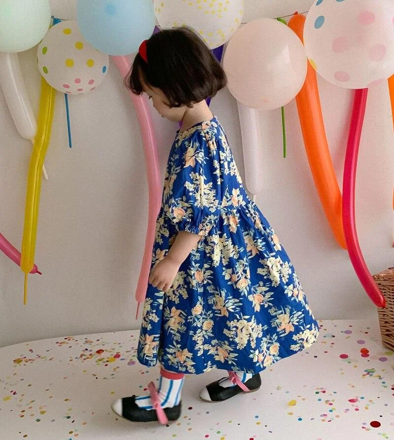 Retro Baby Spring Summer Girls Cotton Dress Kids Teenagers Children Clothes Outwear Puff Long Sleeve High Quality