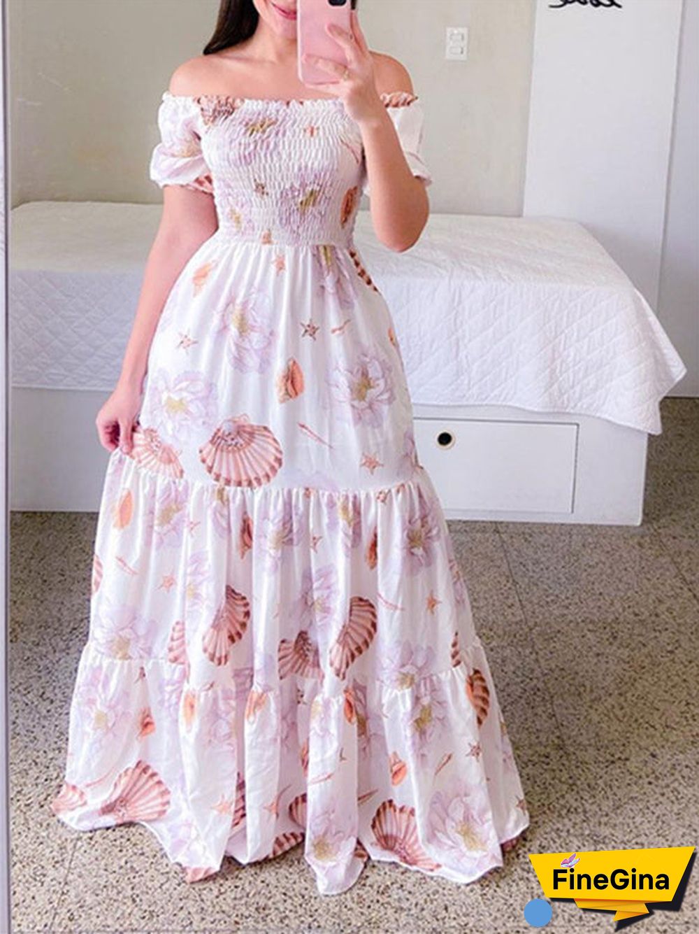 Women Sleeveless Off-shoulder Floral Printed Dress