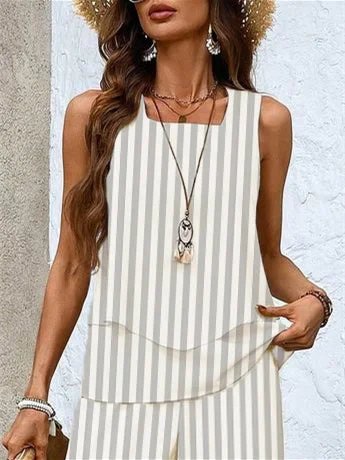 Women's Sleeveless Square Collar Striped Graphic Printed Casual Set