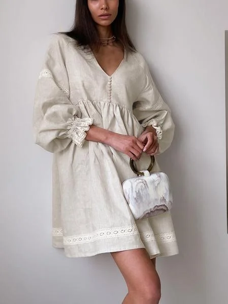 V-neck Lantern Sleeve Loose Dress