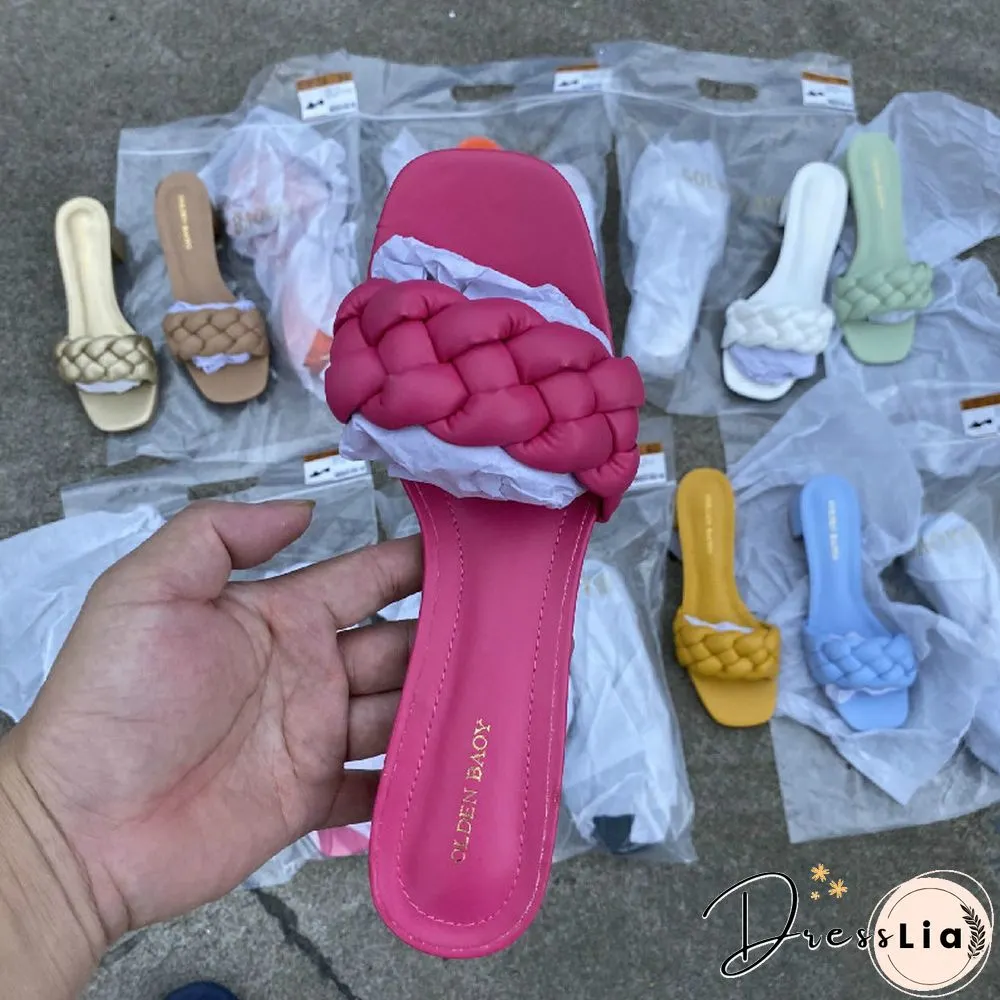 Summer Solid Weave Women Square Heel Sandal Fashion Thick High Heels Gladiator Outdoor Party Slides Ladies Sandals Shoes