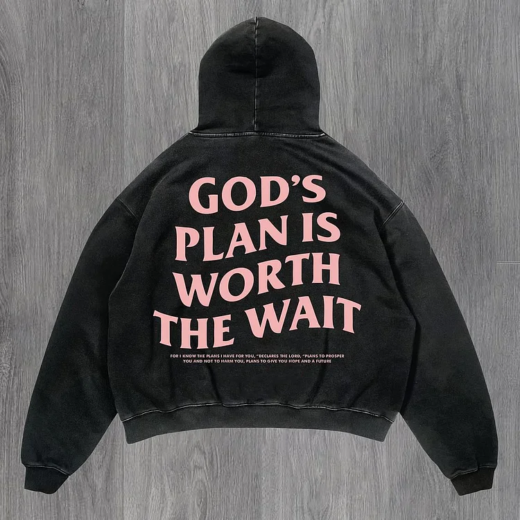 Vintage Unisex God's Plan Is Worth The Wait Graphic Acid Washed Oversized Hoodie SOPULA