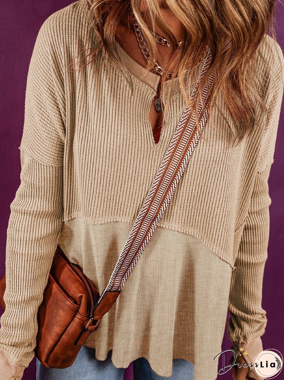 Light French Beige Waffle Knit Top with Exposed Seam Detail