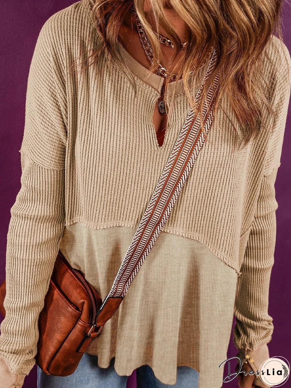 Light French Beige Waffle Knit Top with Exposed Seam Detail