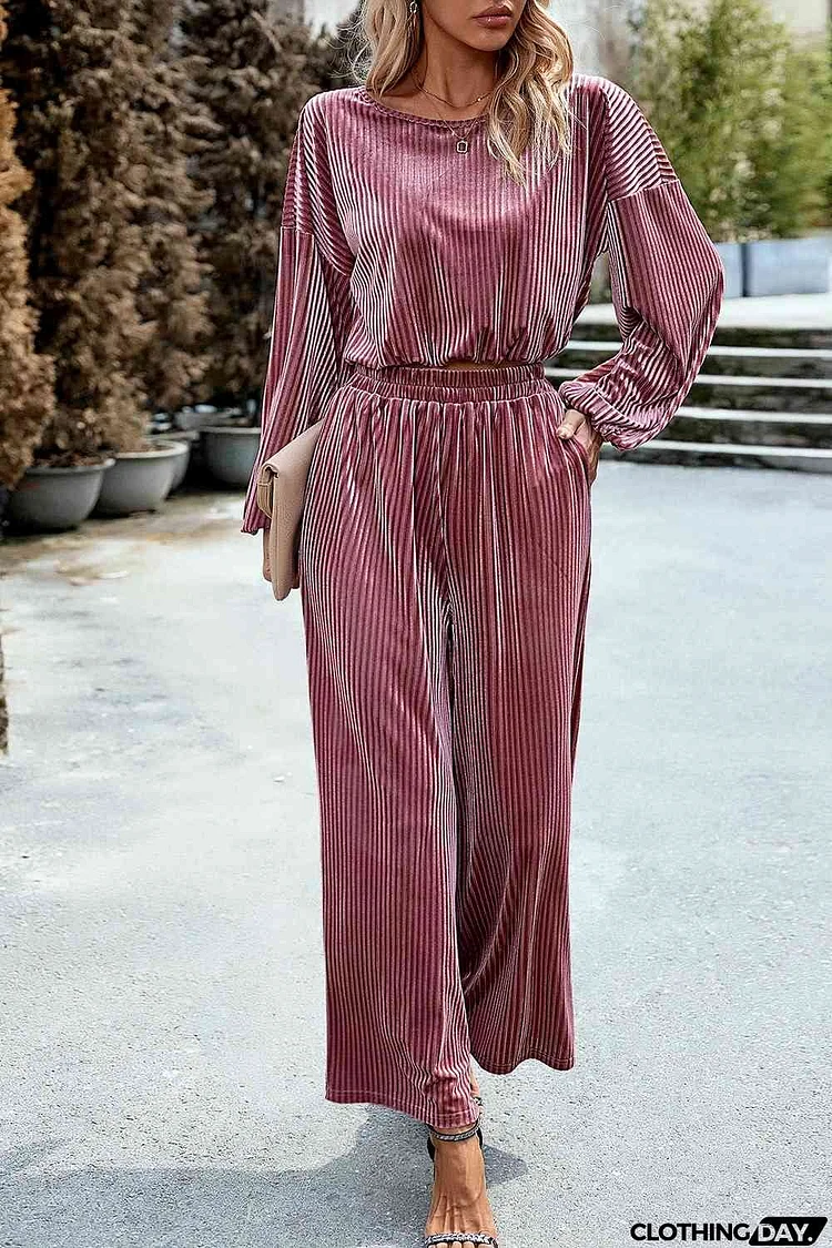 Round Neck Dropped Shoulder Top and Elastic Waist Pants Set