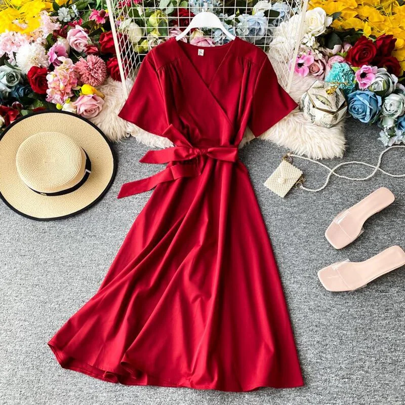 2020 Solid color Summer Women Dress Short sleeve Sexy V-neck Ruffles Chiffon Dress Vintage Elegant Lady A Line Bandage Dresses