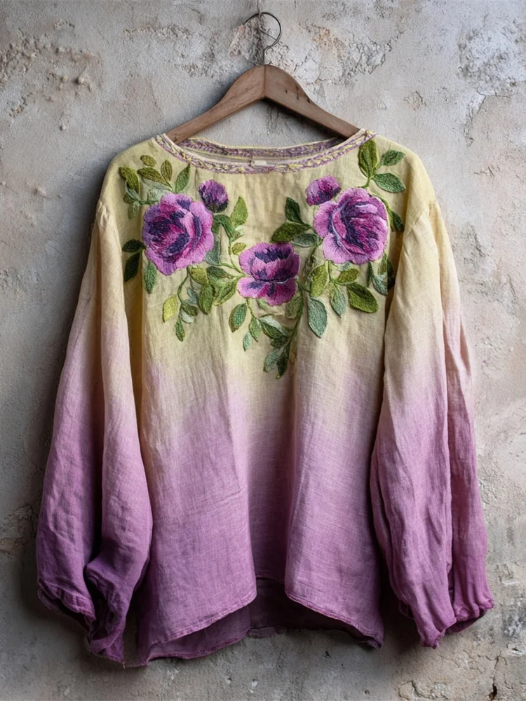 VChics Boho Floral Embroidery Gradient Women's Linen Loose Shirt