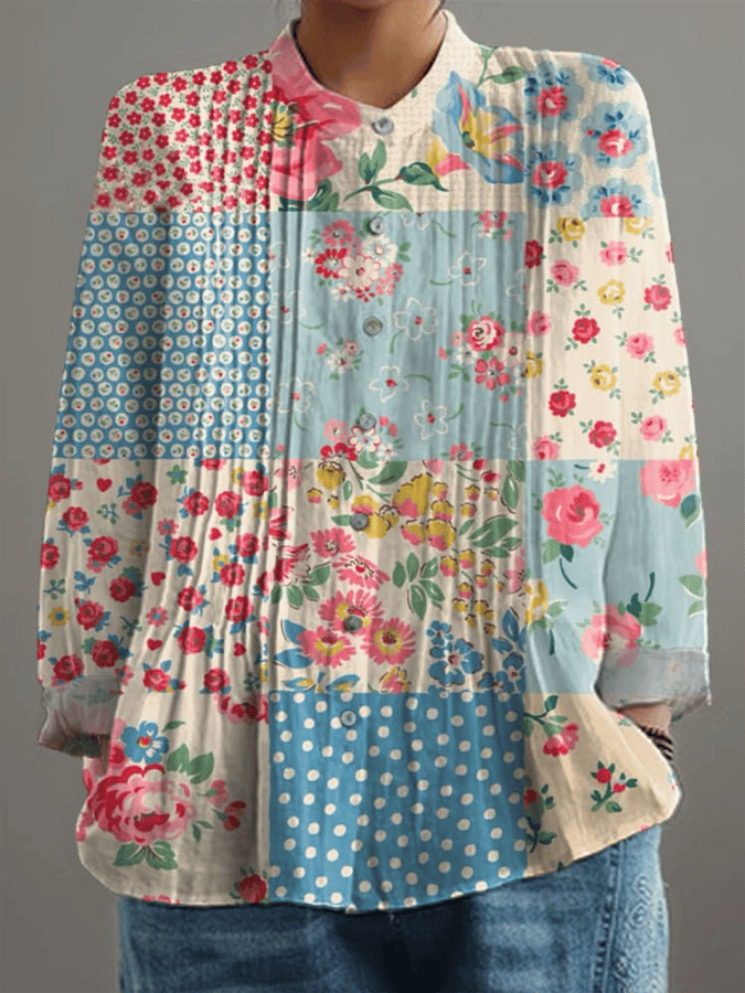 Women's Vintage Botanical Floral Patchwork Art Print Pleated Design Shirt 