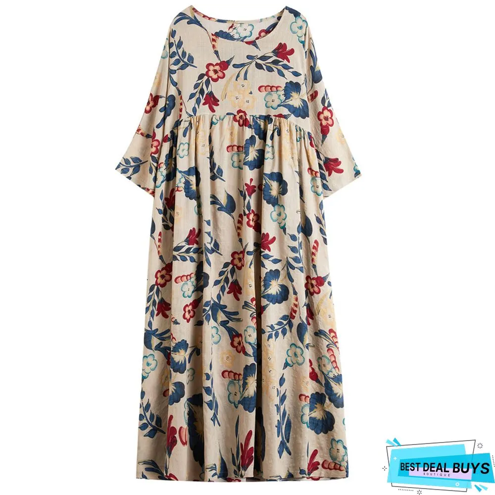 Large Loose Stitched Cotton Linen Print Short Sleeve Dress