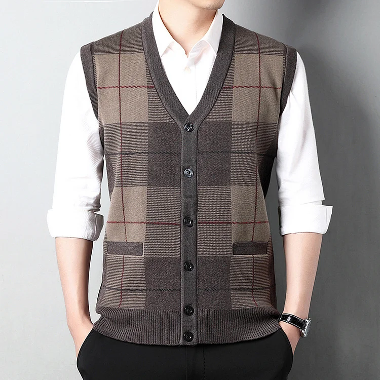 V Neck Single Breasted Plaid Knitted Sweater Vest