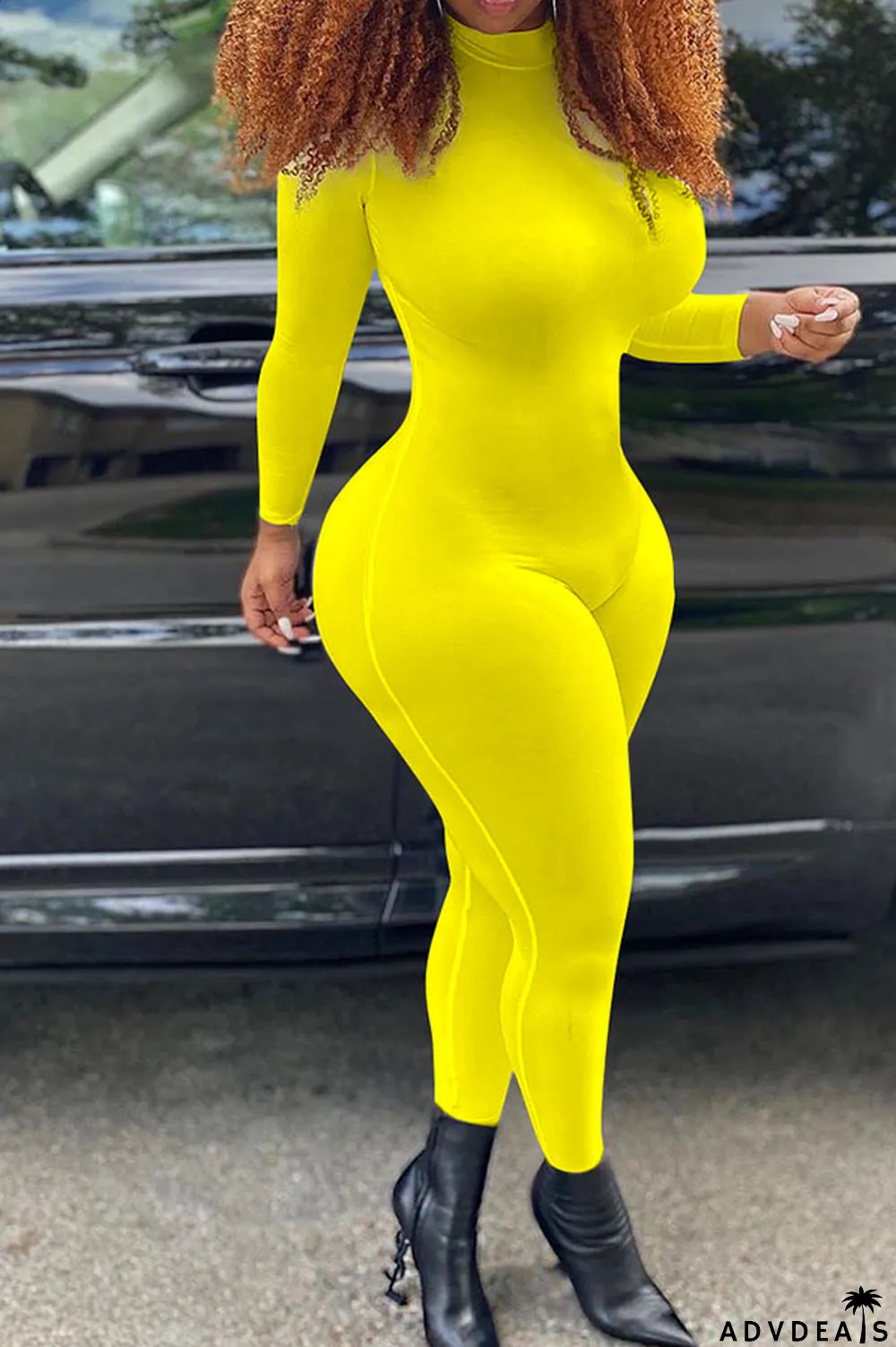 Yellow Fashion Solid Polyester Long Sleeve Jumpsuits