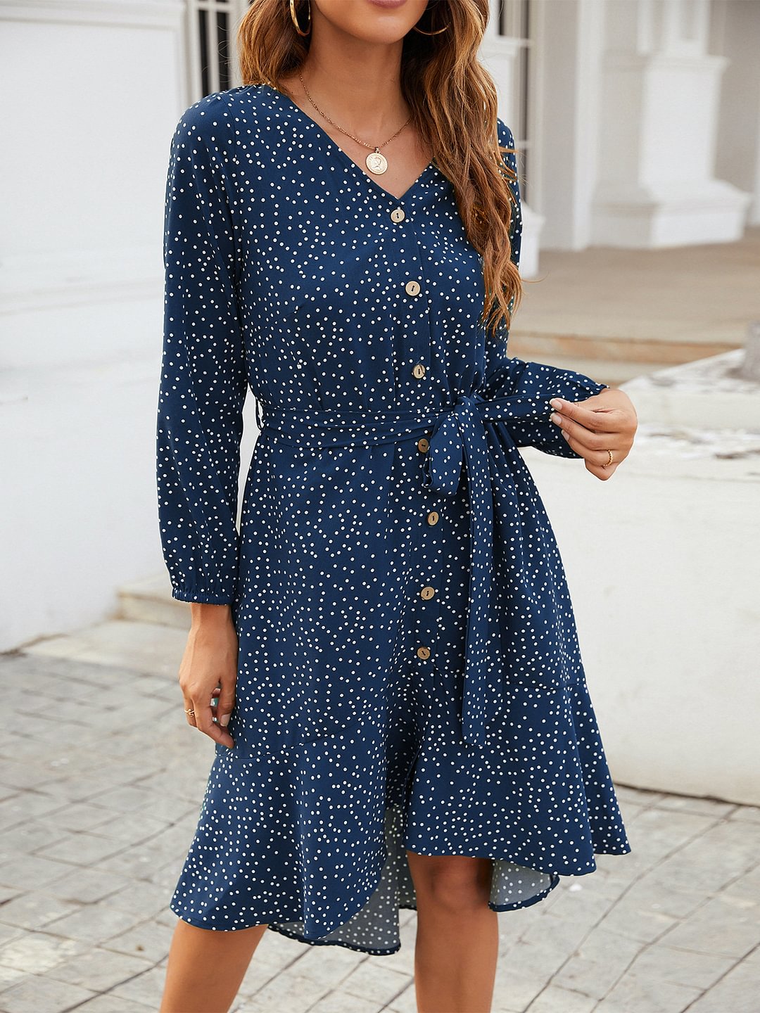 Dot V-neck Long Sleeve Ruffle Casual Dress | EGEMISS