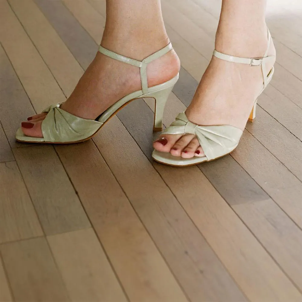 Light Green Square Toe Stiletto Heel Ankle Strap Knot Summer Sandals