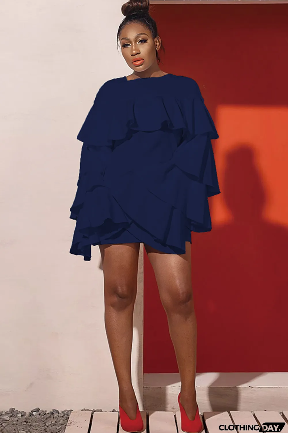 Royal blue Fashion Sexy Bell sleeve Long Sleeves O neck A-Line Mini Patchwork ruffle Solid Club Dresses