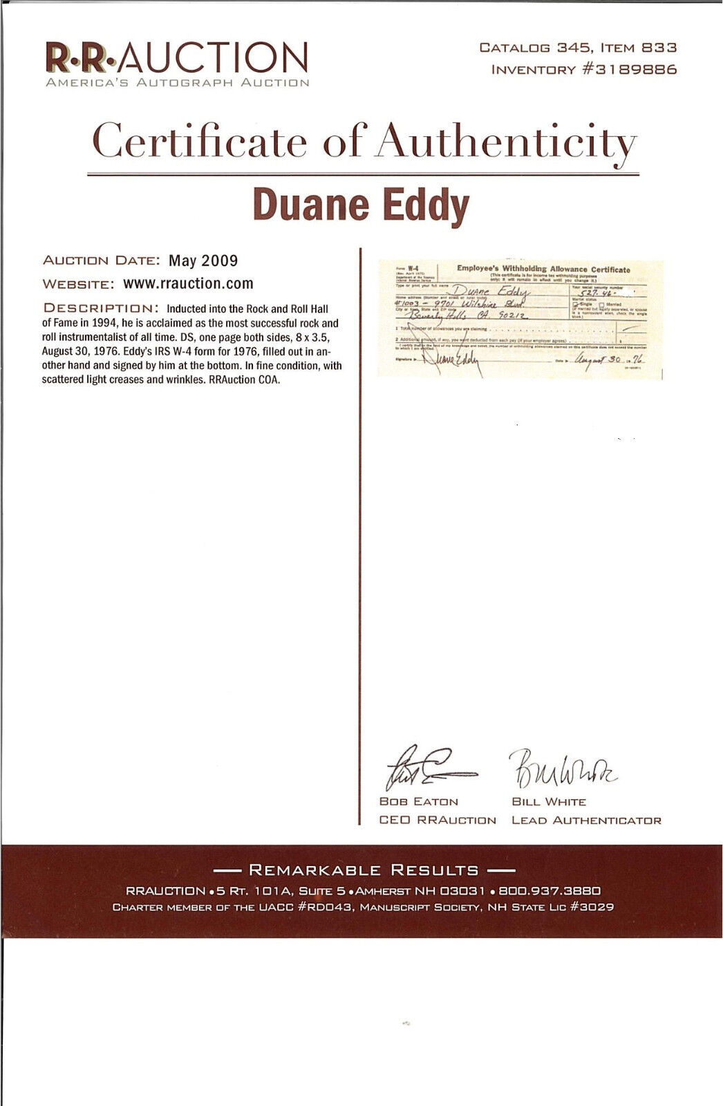 DUANE EDDY, MUSCIAN 8 1/2 X 3 1/2 SIGNED TAX FORM WITH JSA AUTHEN. COA Y34473