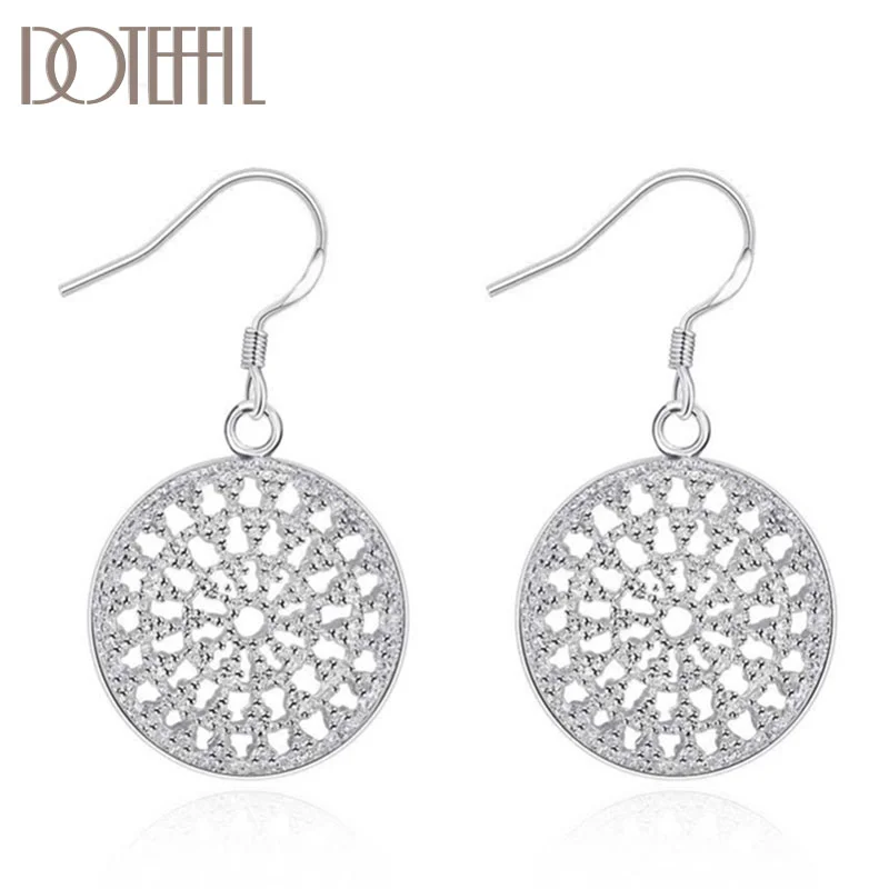 DOTEFFIL 925 Sterling Silver Hollow Out Round Plate Earrings Charm Women Jewelry 