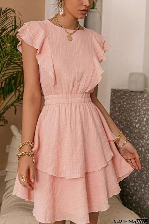 Ruffle Trim Ruched Waist Layered Hem Dress