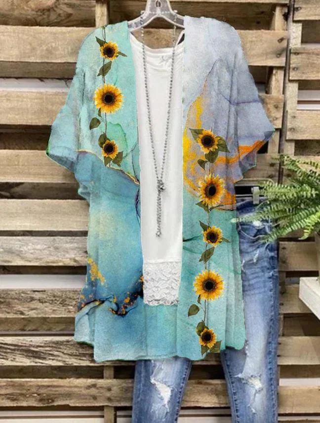 Floral Short Sleeve Printed Cotton-blend V Neck Casual Summer Outwear