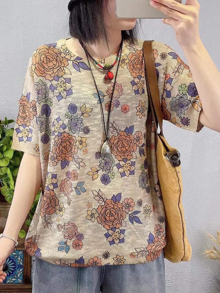 Flower Fruit Print O neck Loose Short Sleeve Knitted T Shirt P1838001