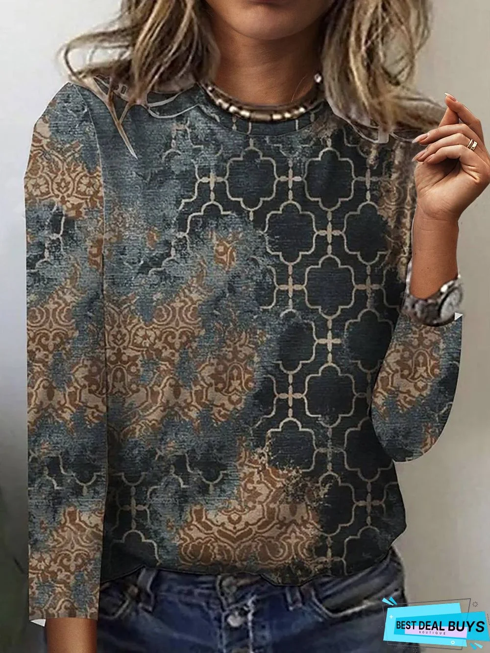 Casual Long Sleeve Crew Neck Printed Top