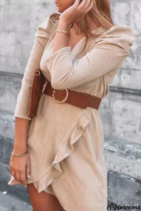 V-Neck Puff Sleeve Ruffle Mini Dress
