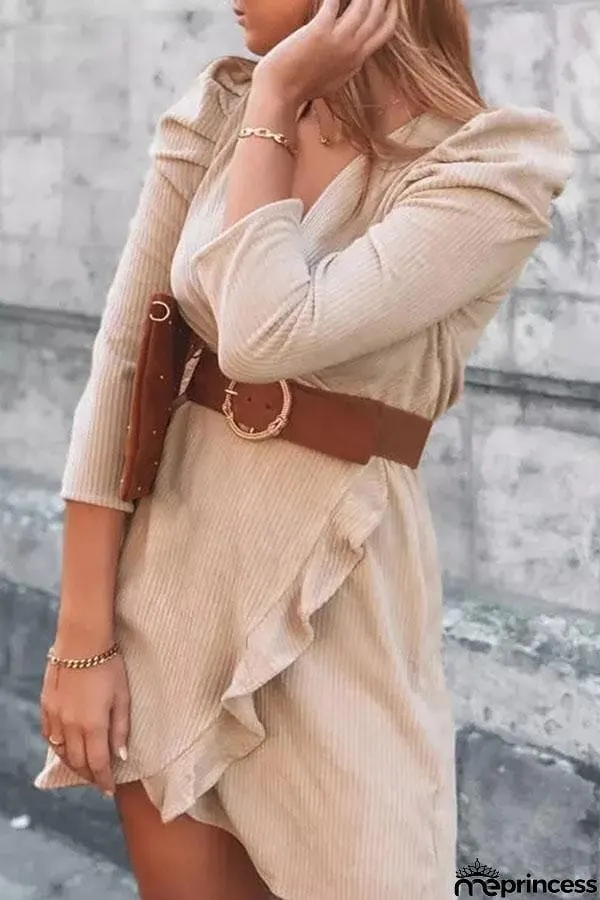 V-Neck Puff Sleeve Ruffle Mini Dress