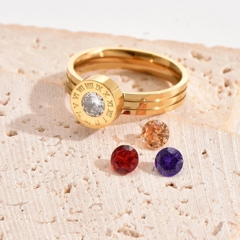 304 Stainless Steel 14K Gold Plated Elegant Vintage Style Polishing Plating Inlay Round Number Zircon Rings