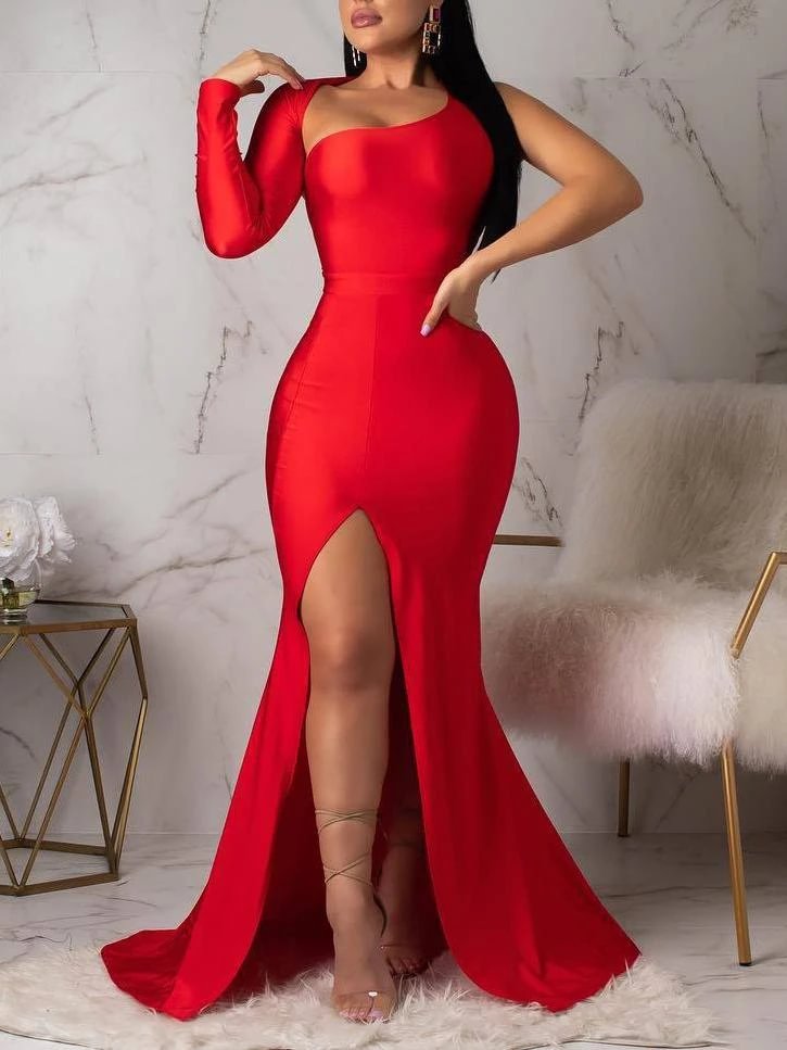 Backless irregular one-shoulder solid slit mermaid evening dress-zachics
