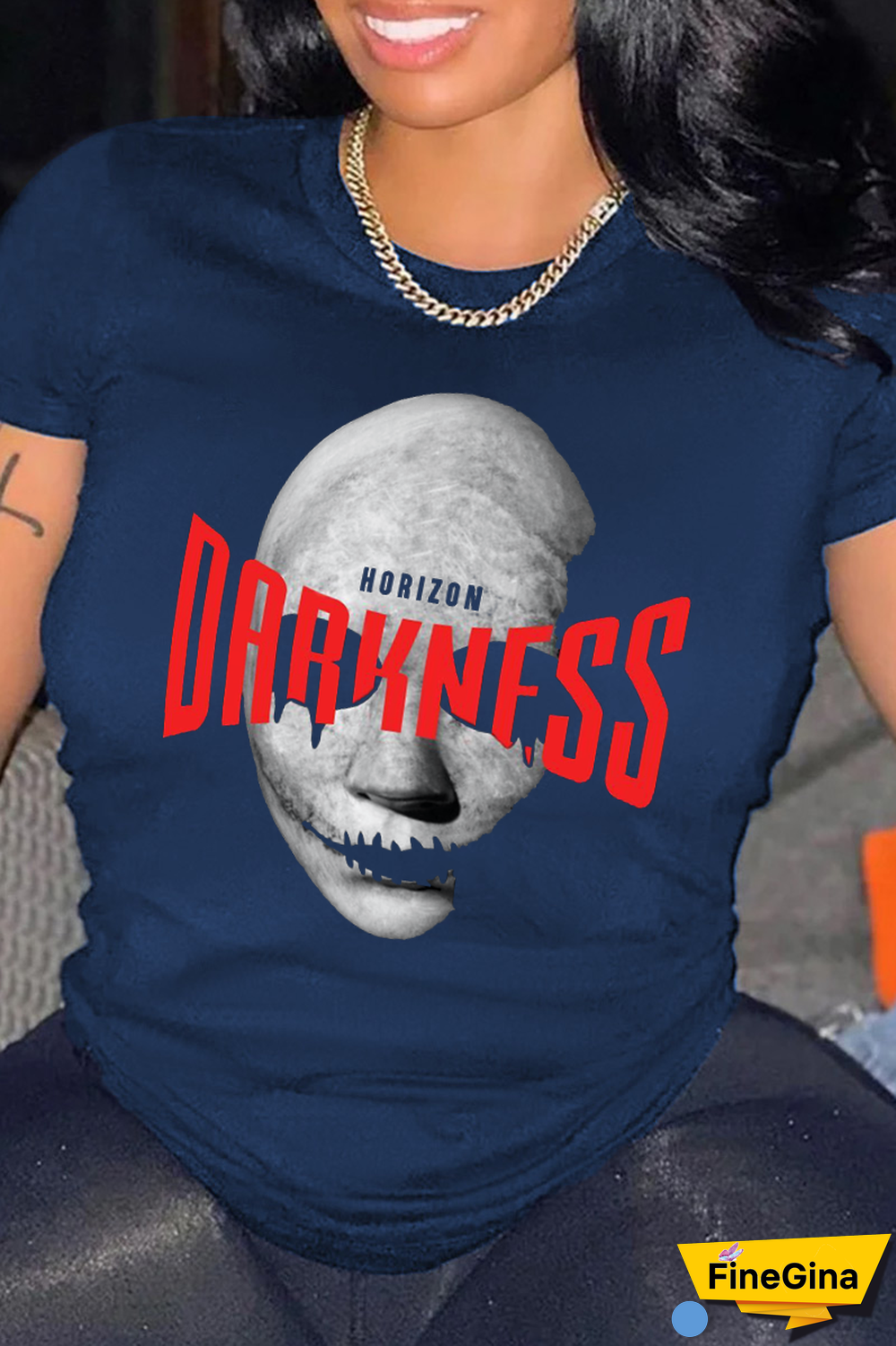 Navy Blue Casual Simplicity Print Patchwork O Neck T-Shirts