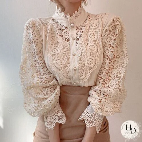 Christmas Gift Kuzuwata New Petal Sleeve Women Blouses Chic Button Hollow Out Flower Lace Patchwork Shirt Stand Collar All-match Femme Blusas