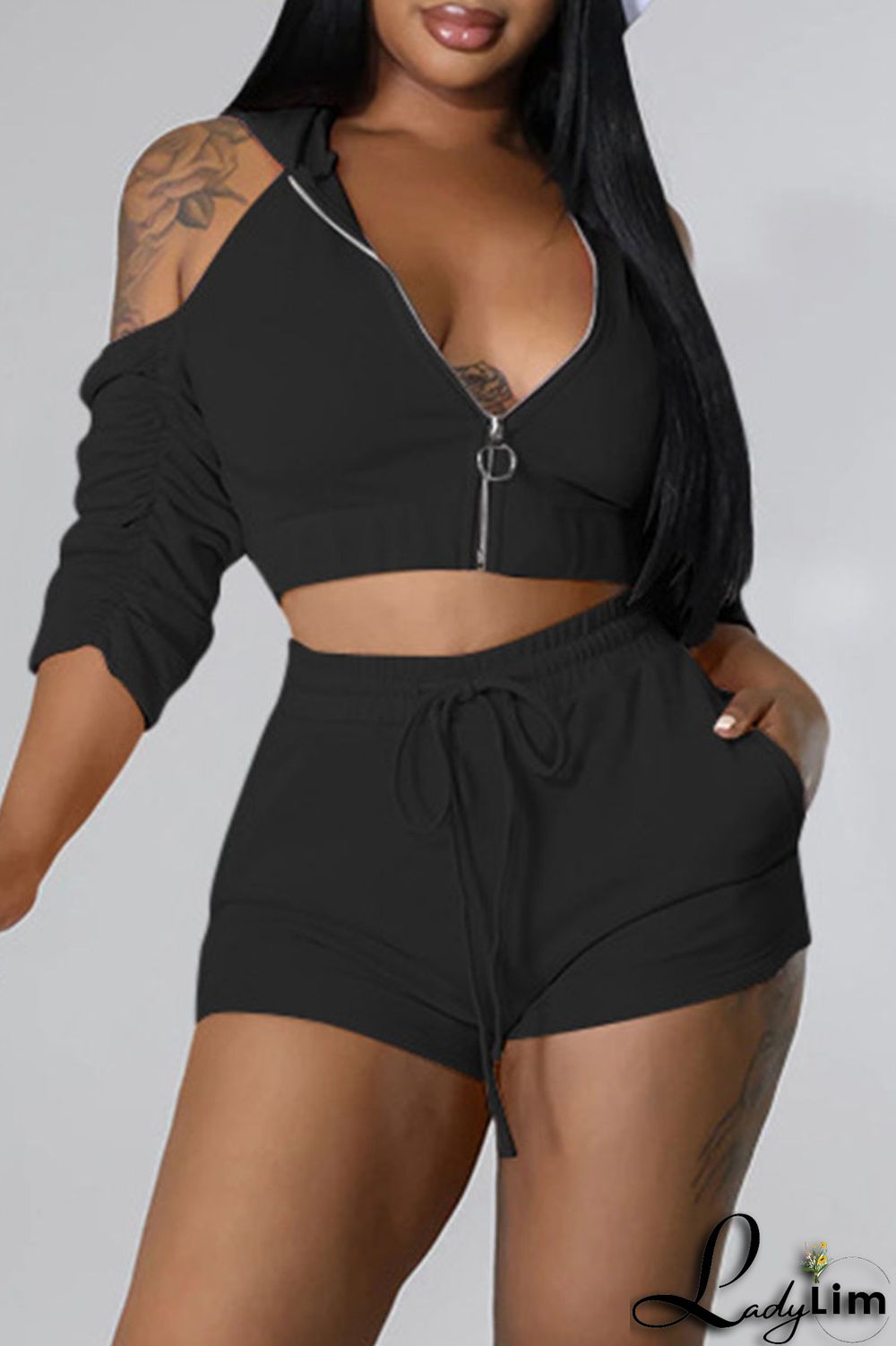 Rose Red Fashion Casual Solid Backless Fold Half A Turtleneck Half Sleeve Two Pieces