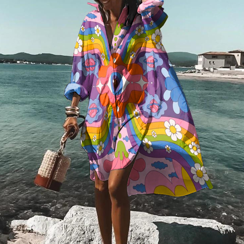 Hippie Contrast Print Long Sleeve Midi Dress wearshes