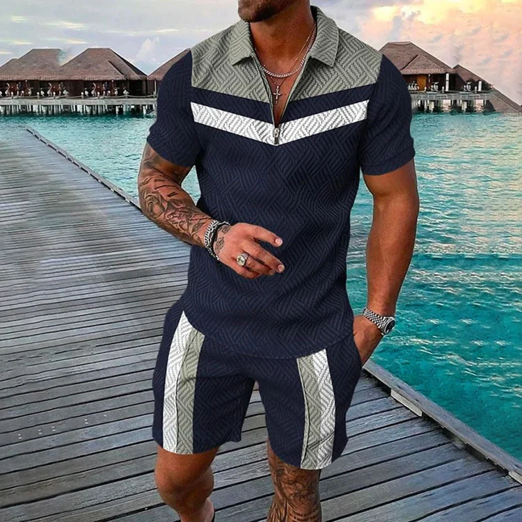 Broswear Contrasting Simple Geometric Print Polo Shirt And Shorts Co-Ord