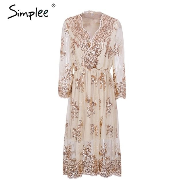 Simplee V neck long sleeve sequined party dresses women