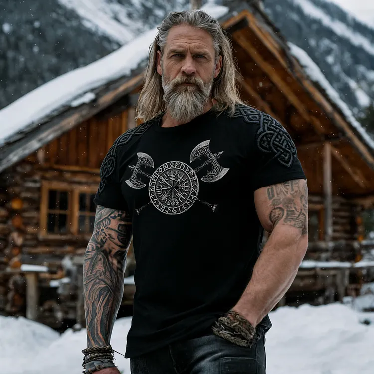 Men's Viking Celtic Knot Vegvisir With Axes Print Comfy T-shirt