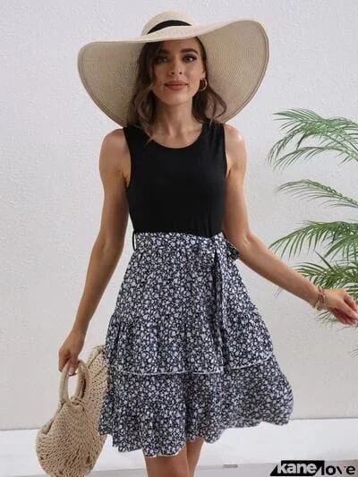 Printed Ruffled Round Neck Layered Dress