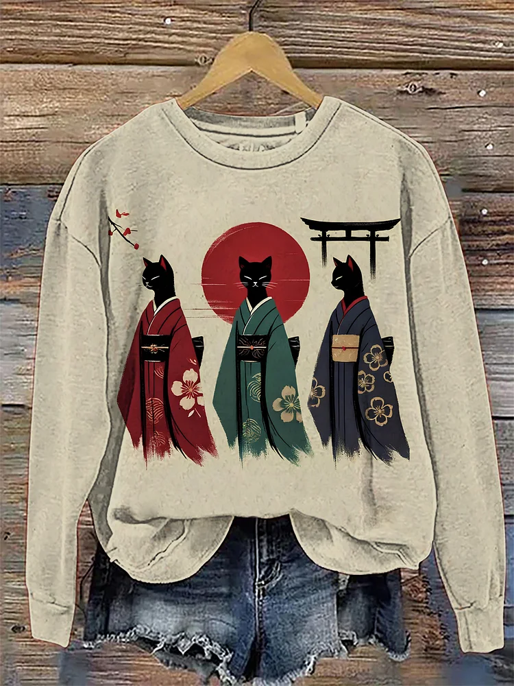 Women's Japanese Art Kimono Cats Print Cozy Sweatshirt