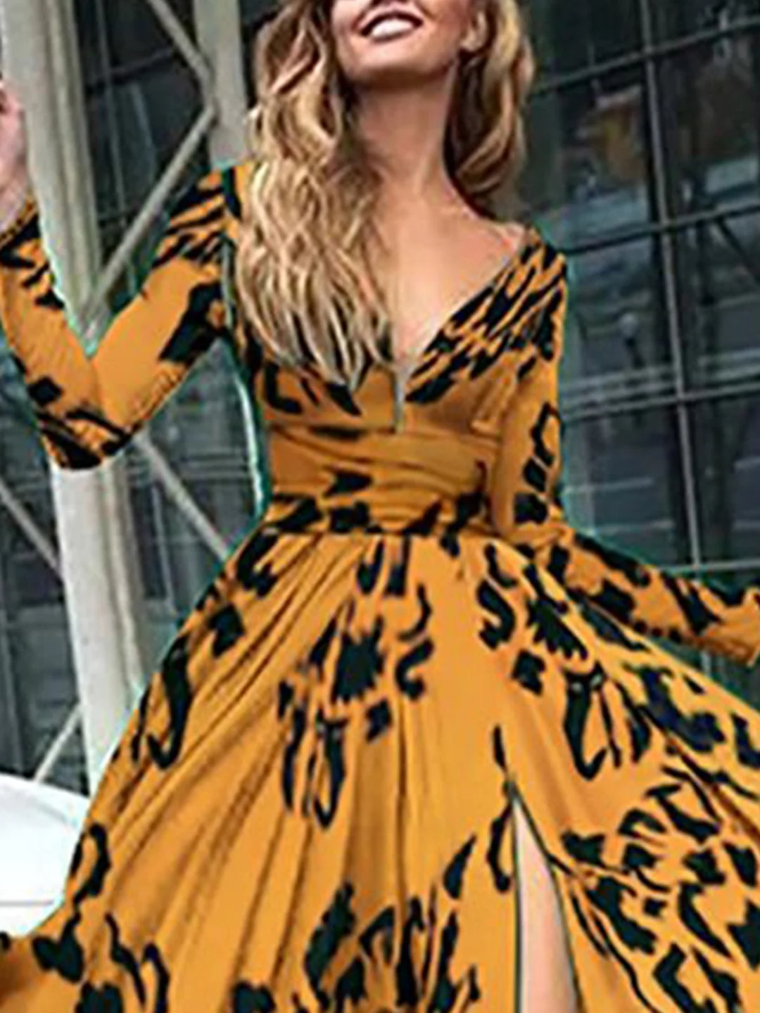 Printed Graphic Slit Prom Elegant Maxi Dress