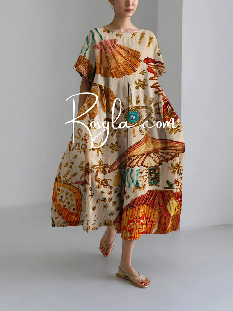 Women's Ethnic Eye Print Loose Round Neck Medium Length Skirt Dress