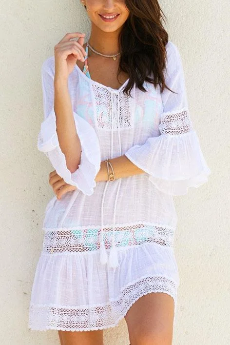 White Crochet Hollow Out Flare Sleeve Ruffle Beach Cover Up Tunic-elleschic