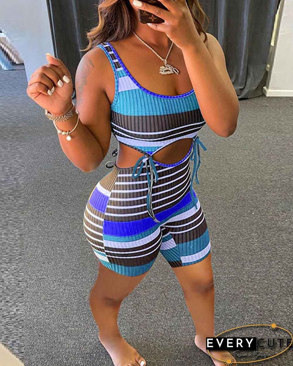 Rib-knit Pit Colorful Stripe Spaghetti Strap Jumpsuit
