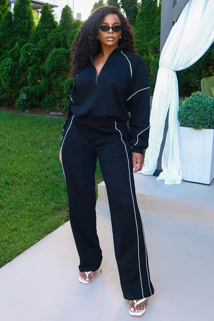 Contrast Line Half-Zip Sweatshirt Wide Leg Pants 2pcs Set-Black [Pre Order]