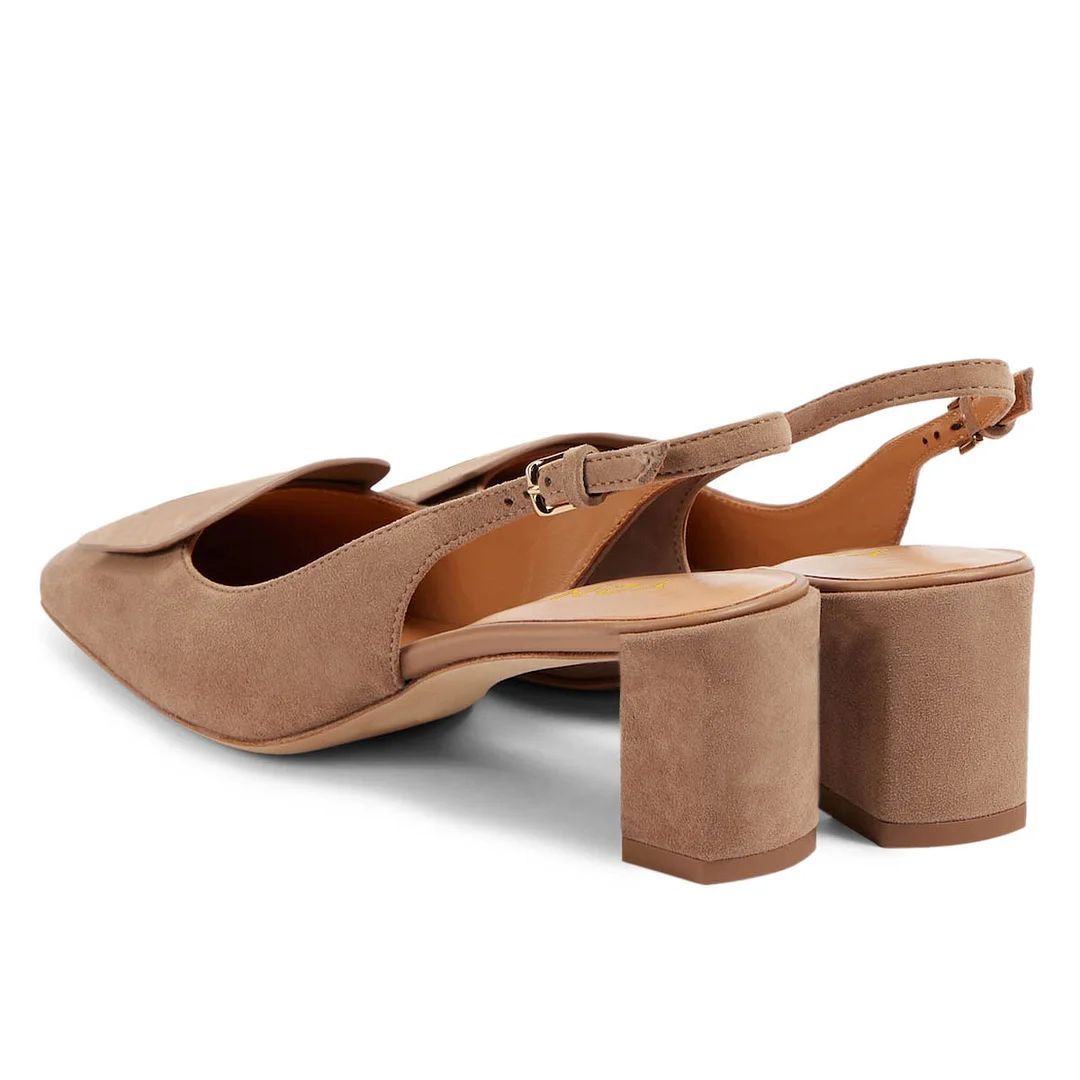Simple Tan Vegan Suede Chunky Heel Square Toe Slingback Shoes