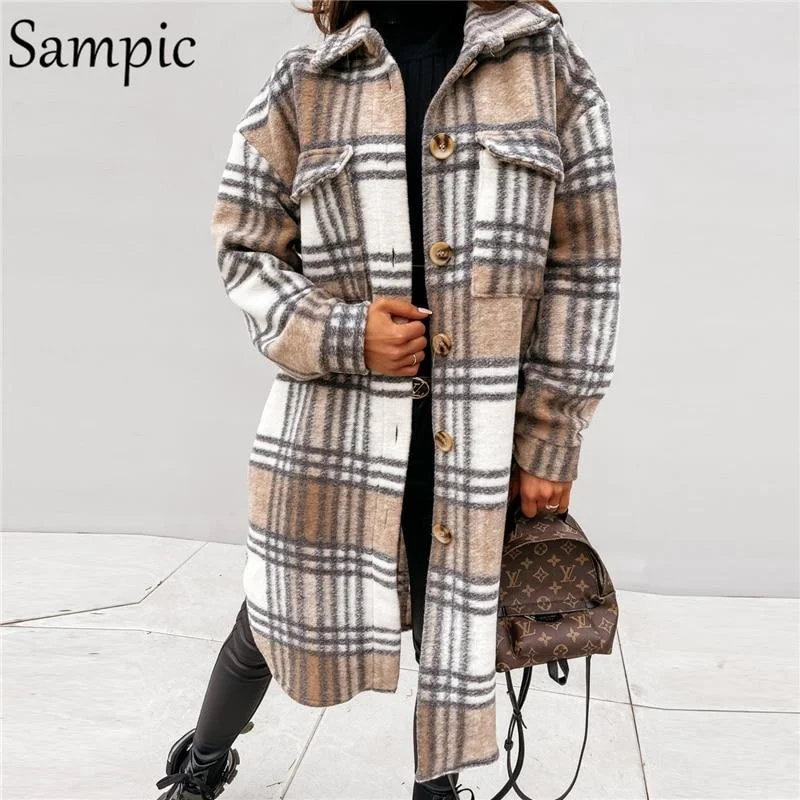 Sampic 2021 Khaki Autumn Loose Plaid Single Breasted Long Coat Jacket Women Pocket Casual Long Sleeve Winter Jacket Coat Outwear 1113