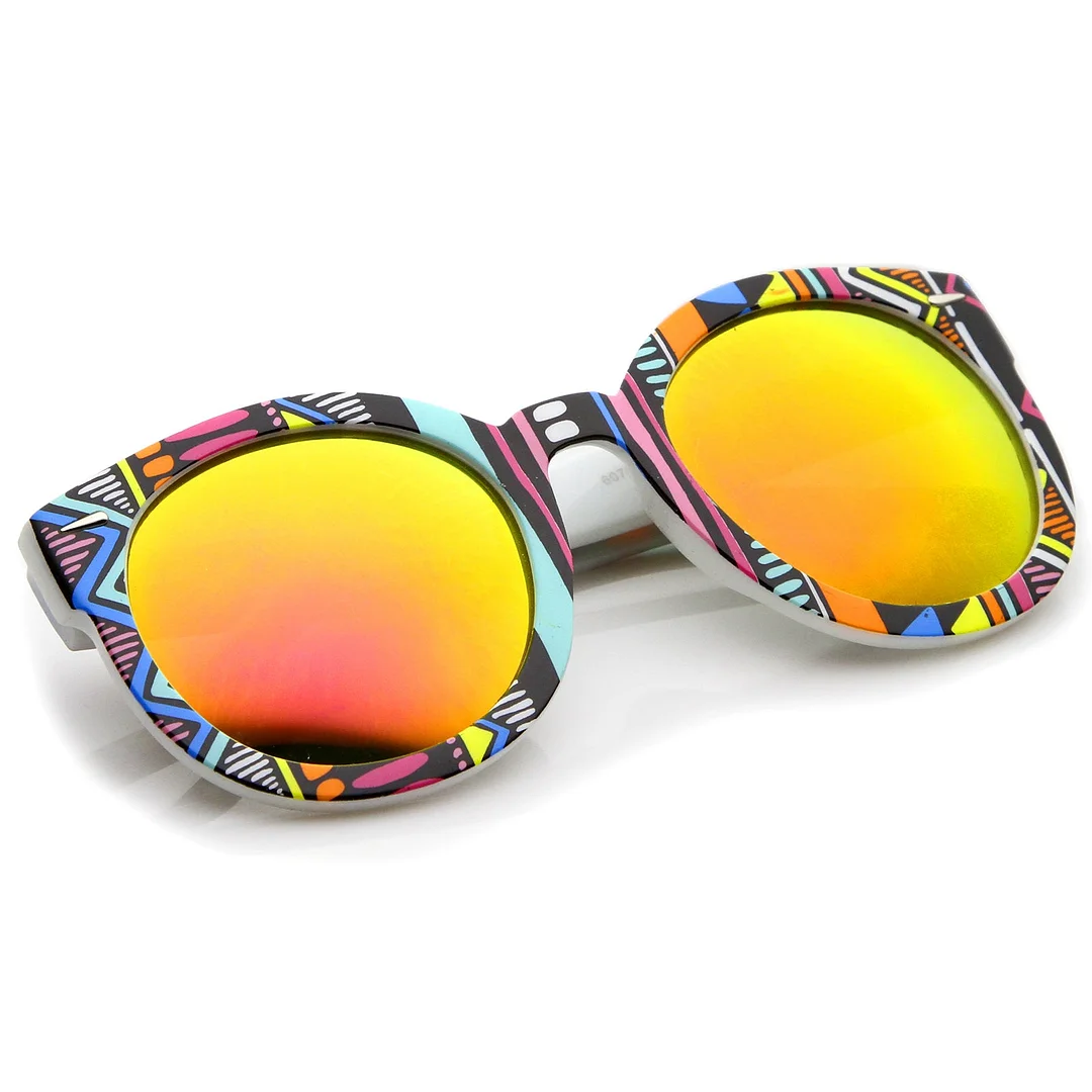 Women 's Oversize Printed Colored Mirror Lens P3 Round glasses 52mm