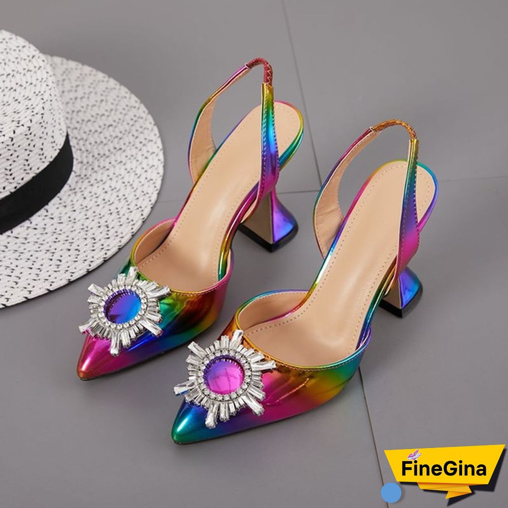 Spring Rainbow Color Woman Pumps Sexy Diamond Crystal Sun Flower Spike Pointed Toe High Heel Sandals Dress Shoes