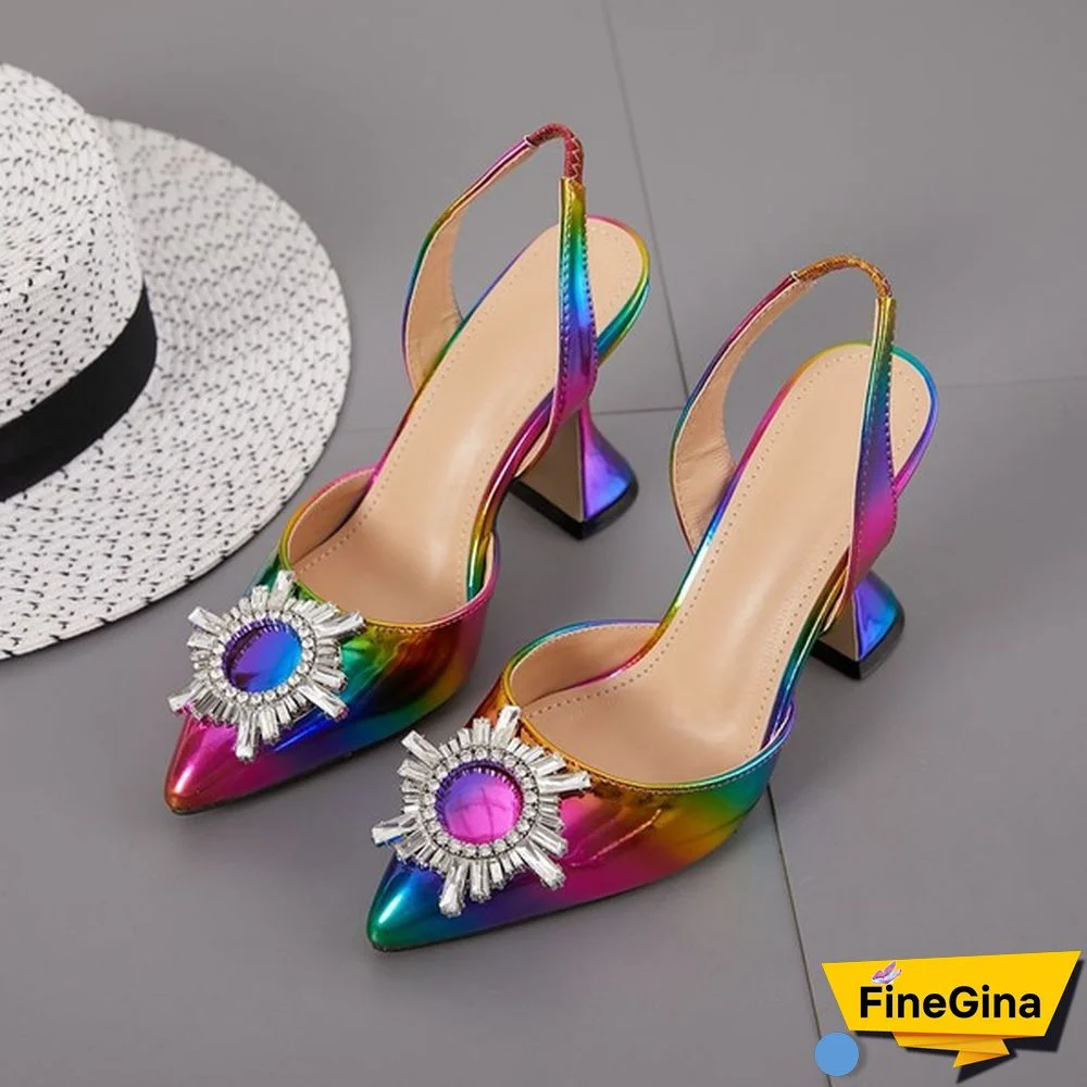 Spring Rainbow Color Woman Pumps Sexy Diamond Crystal Sun Flower Spike Pointed Toe High Heel Sandals Dress Shoes