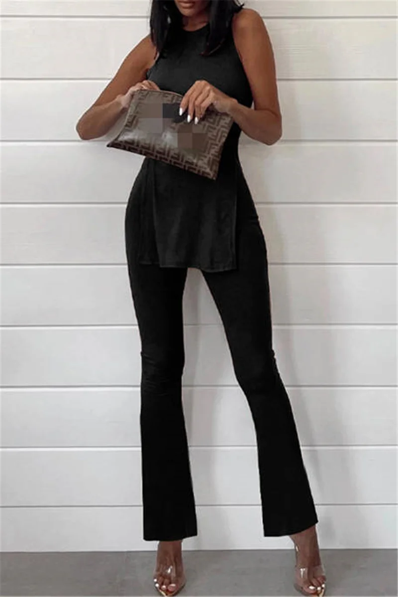 Black Fashion Casual Solid Slit O Neck Sleeveless Two Pieces