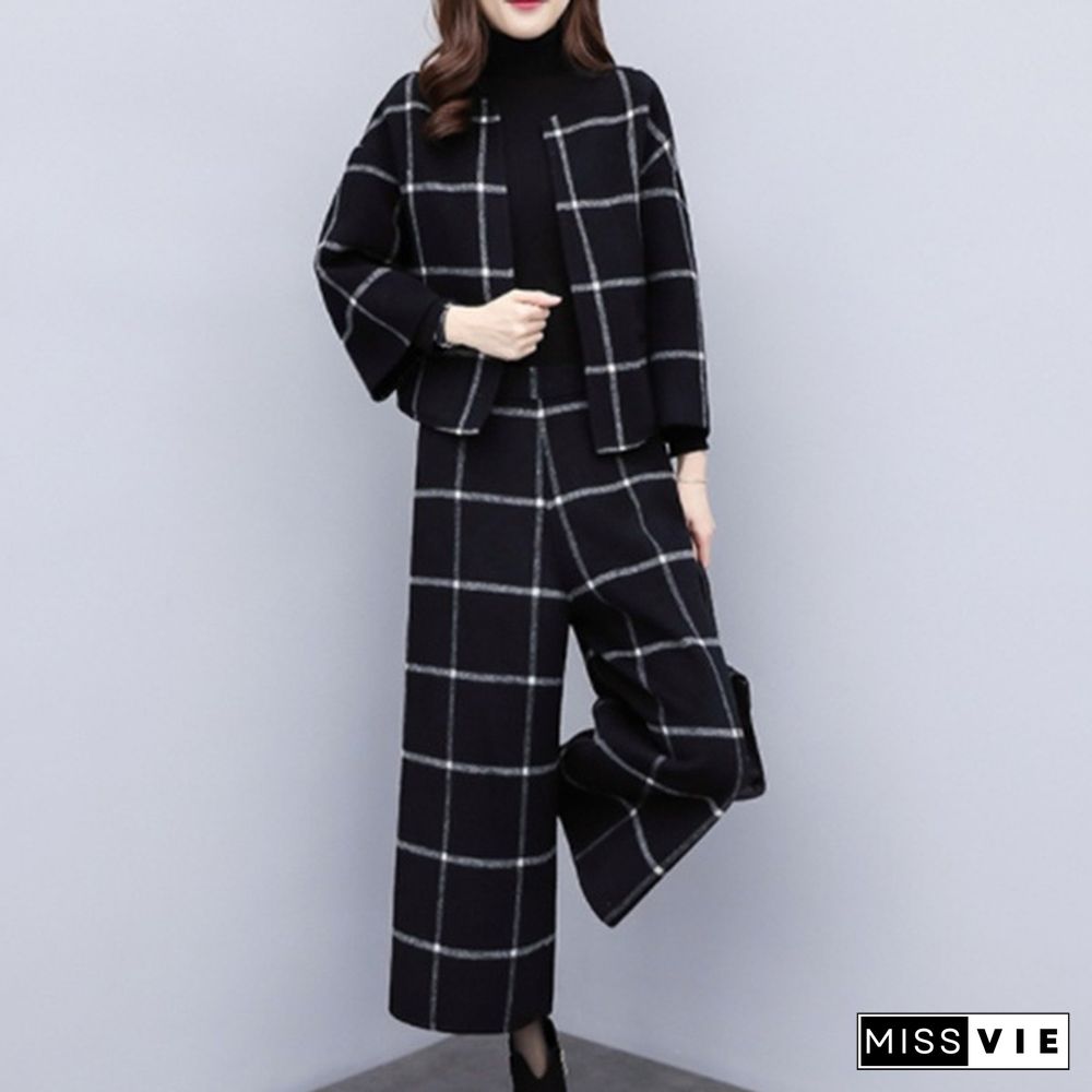 Autumn Winter Black Woolen Plaid Two Piece Sets Outfits Women Short Jacket Coat Wide Leg Pants Suits Elegant Fashion Office Sets