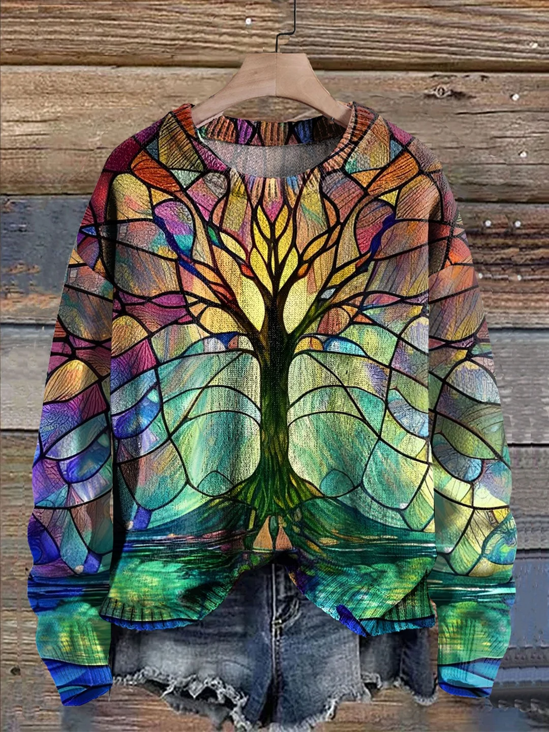 Tree Art Print Knit Pullover Sweater